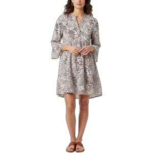 Lola Australia Ivory Brown Leopard V-Neck 3/4 Sleeve Tiered Mini Dress Size M